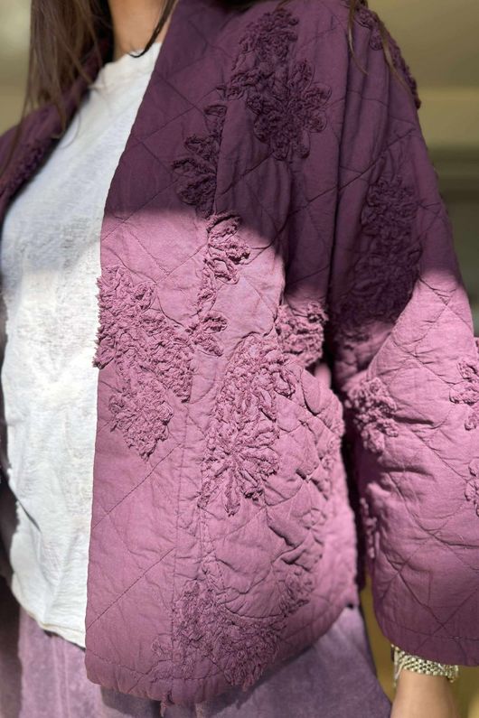 Cabbage Rose Cotton Quilted Jacket Aubergine